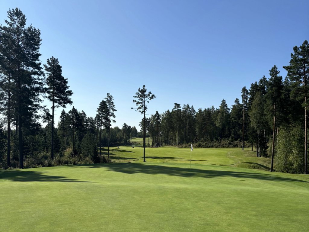 Pirunpellon toinen reikä (par 5) mutkittelee ensin vasemmalle ja sitten lievästi oikealle. Perillä odottaa kaksitasoviheriö. Kuva Jussi Miettinen